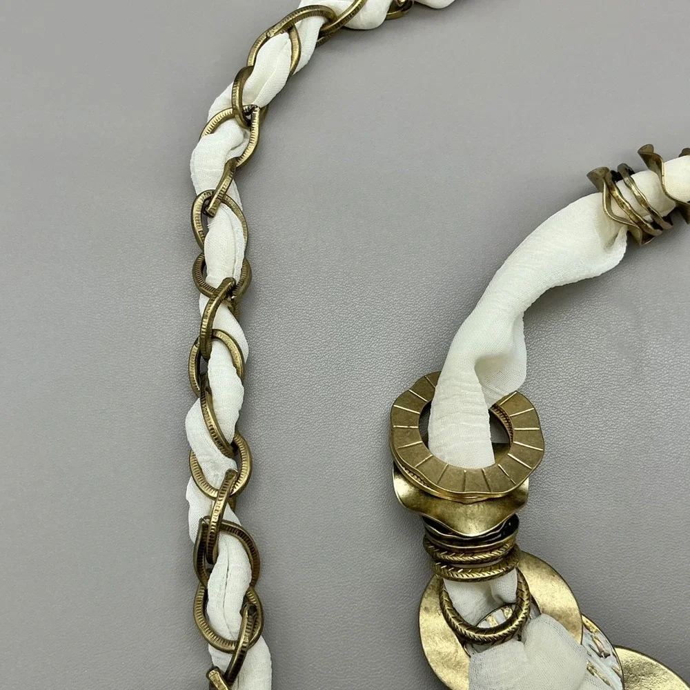 Chico's Belt Women Gold Tone White Fabric Chain Link Woven Medallion 44 Inches